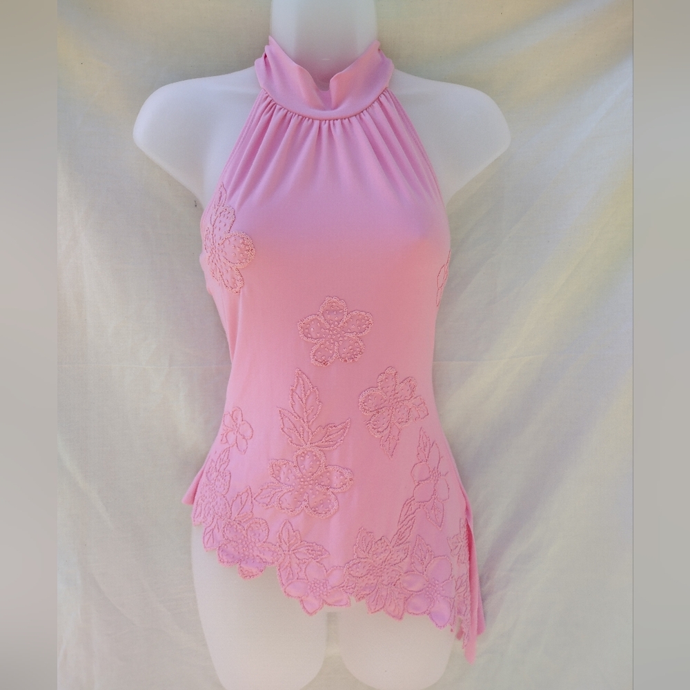 Vintage y2k Halter Neck Top Pink Beaded Sequin Floral Fairycore Coquette Small